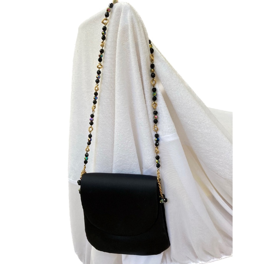 Vintage Black Satin Purse With Beaded Strap Made In Spain